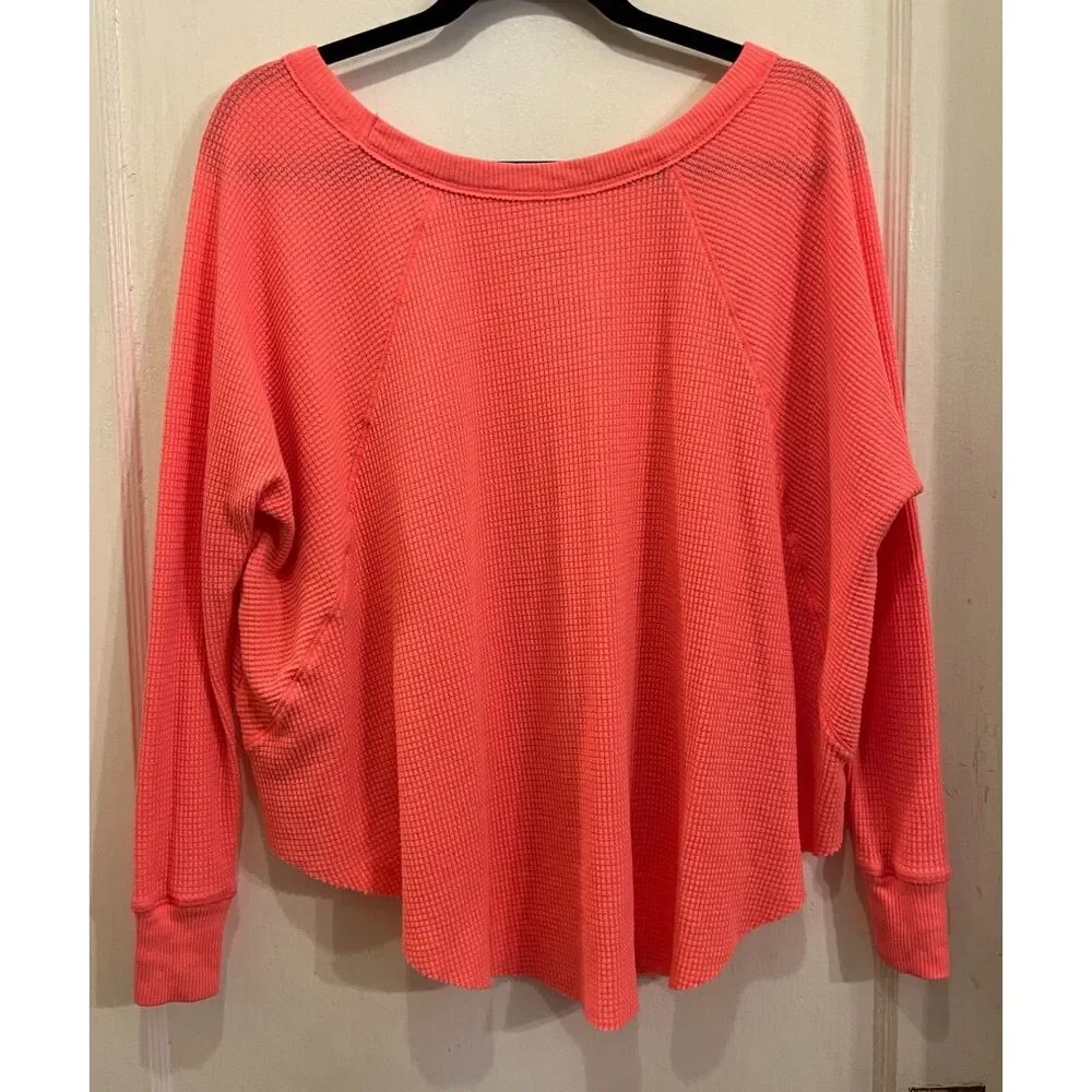 Free People WE THE FREE Pink Waffle Knit Scoop Neck Thermal Top  Women's Size XS